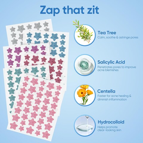 Pimple Patches for Face, Hydrocolloid Acne Patches, Sparkling Star Zit Covers, Colorful Spot Stickers with Tea Tree, Salicylic Acid &amp; Cica Oil  3 Sizes (10mm, 12mm &amp; 14mm)  240 Count