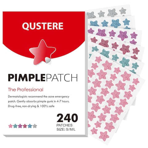 Pimple Patches for Face, Hydrocolloid Acne Patches, Sparkling Star Zit Covers, Colorful Spot Stickers with Tea Tree, Salicylic Acid &amp; Cica Oil  3 Sizes (10mm, 12mm &amp; 14mm)  240 Count
