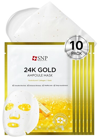 [K Beauty Snp] 24K Gold Ampoule Sheet Mask   Collagen Face Masks Skincare   For Tightening, Hydrating, and Nourishing   Korean Skin Care   Overnight Face Masks   Moisturizing Sheet Mask   10 Sheets