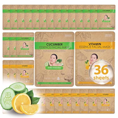 36 PK Vegan Face Masks for Skincare - Coconut, Aloe, Vitamin, Cucumber Facial Sheet Mask Korean Skin Care (36PK Cucumber &amp; Vitamin)