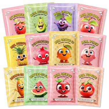 evpct 12 Pack Fruit Kids Facial Face Masks Skincare Kit Gift for Women Teens Kids Girls Spa, Delightful Kid Sheet Face Masks Facemask Spa Day Birthday Sleepover Party Supplies kit for Teen Girls, 02