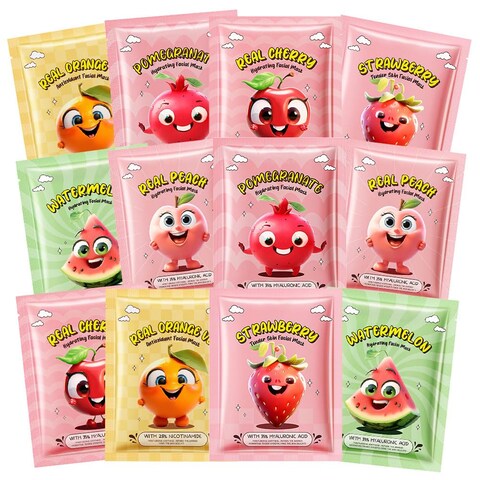 evpct 12 Pack Fruit Kids Facial Face Masks Skincare Kit Gift for Women Teens Kids Girls Spa, Delightful Kid Sheet Face Masks Facemask Spa Day Birthday Sleepover Party Supplies kit for Teen Girls, 04
