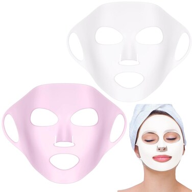 2 Pieces Silicone Mask, Reusable Anti-Wrinkle Silicone Face Mask for Sheet Prevent Evaporation Masks Face Care Tool Pink,White