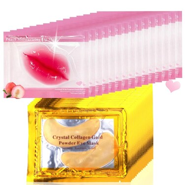 30 Pairs Lip Masks &amp; 24K Gold Gel Eye Masks, Under Eye Collagen Patches and Crystal Gel Lip Masks Collagen Under Eye Mask for Dark Circles Puffiness and Wrinkles