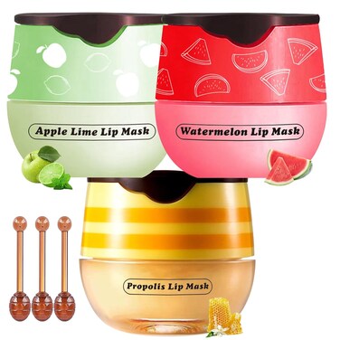 Honey Lip Balm Pot, 3 Pcs Honey &amp; Apple Lime &amp; Watermelon Lip Mask Propolis Lip Mask Moisturizing Hydrating Prevention Dry and Cracked Lip Scrubs Exfoliator
