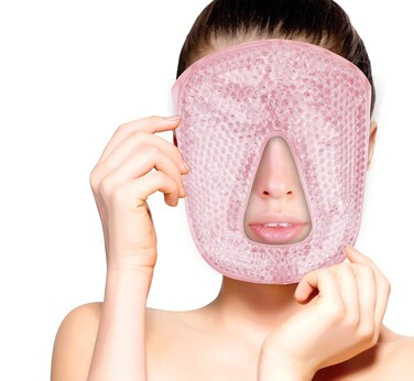 Hot and Cold Therapy Gel Bead Full Facial Mask by FOMI Care   Ice Face Mask for Migraine Headache, Stress Relief   Reduces Eye Puffiness, Dark Circles   Fabric Back (Full Face w/o Eye Holes Pink)