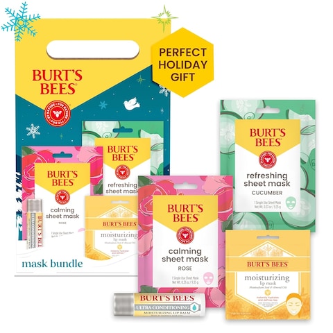 Burt&rsquo;s Bees&reg; Mask Bundle Gift Set; Moisturizing Lip Mask, Ultra Conditioning Lip Balm, Refreshing Sheet Mask, Calming Sheet Mask; Festive Packaging; 1 Gift Set