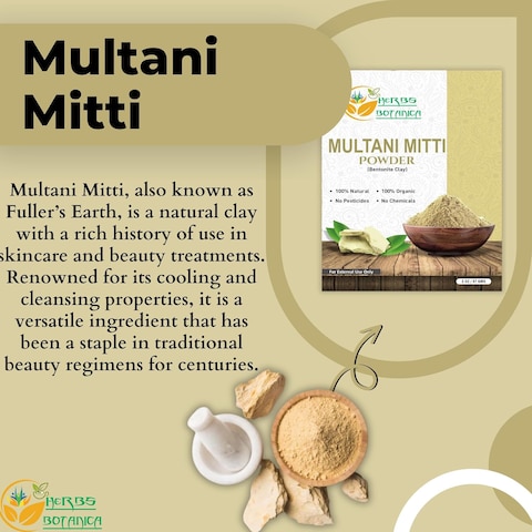 Herbs Botanica Multani Mitti Powder Earth Clay Mask 100% Pure Bentonite and Kaolin Clay for Skin Care, Indian Healing and Deep Cleansing &ndash; 2 oz Kaolin Clay Indian Deep Pure Grade Cleansing