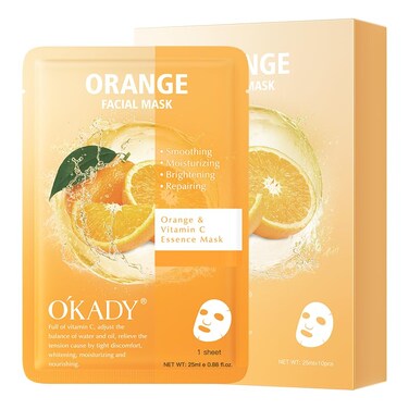 OKADY Face Facial Masks Sheet,Natural Aloe Vera Orange Seaweed Serum Sheet Mask Hyaluronic Acid Moisturizing Facial Mask (Orange, 25ml*10)