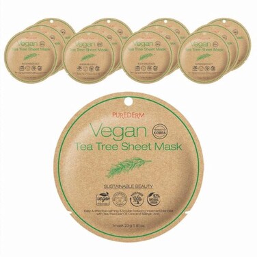 Purederm Vegan Tea Tree Sheet Masks (12 Packs) &ndash; Facial Sheet Mask for Calming &amp; Trouble Reducing Treatment
