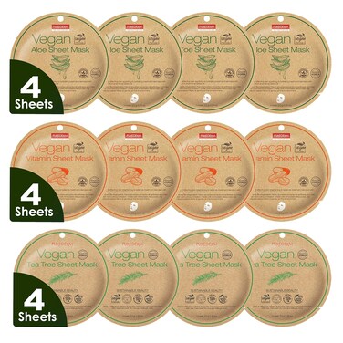 Purederm Vegan Facial Sheet Masks Trio (12 Packs) &ndash; Face Masks Skincare for Dry, Dehydrated and Dull Skin
