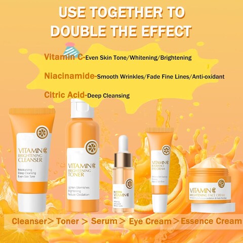 Vitamin C Skincare Set, 5Pcs Skin Care Sets for Women, Facial Kit, Vitamin C Face Skin Care Kit With Cleanser, Toner, Face Serum, Eye Cream, Cream, Long-Lasting Moisturizing Skincare Set