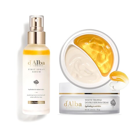 d&#39;alba Piedmont White Truffle First Spray Serum and White Truffle Double Serum &amp; Cream, Face Moisturizer, Non Comedogenic, Suitable for All Skin Types (100ml, 70g)