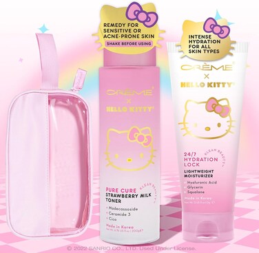 Beauty Korean Skincare Bundle Hello Kitty by Sanrio Pure Cure Strawberry Milk Toner Ceramides, Hydration Lock Lightweight Moisturizer Hyaluronic Acid, Squalene, &amp; Glycerin Remedy for Acne