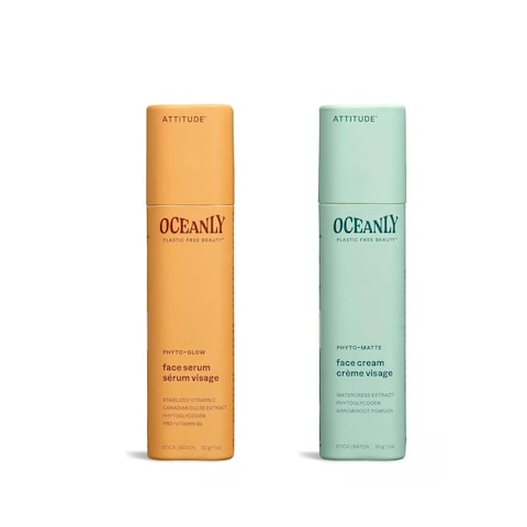Bundle of ATTITUDE Oceanly Face Serum Stick, EWG Verified, Plastic-free, Plant and Mineral-Based Ingredients, Vegan Skincare, PHYTO GLOW, Unscented, 1 Ounce + Face Cream Stick, PHYTO MATTE, 1 Ounce