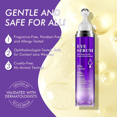 8% Caffeine Eye Cream &amp; Under Eye Serum for Dark Circles and Puffiness Eye Care Eye Roller Serum with 360&deg; Massage Ball Eye Treatment Serum Under Eye Roller Cream for Women Reduce Wrinkles Fine Lines