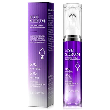 8% Caffeine Eye Cream &amp; Under Eye Serum for Dark Circles and Puffiness Eye Care Eye Roller Serum with 360&deg; Massage Ball Eye Treatment Serum Under Eye Roller Cream for Women Reduce Wrinkles Fine Lines