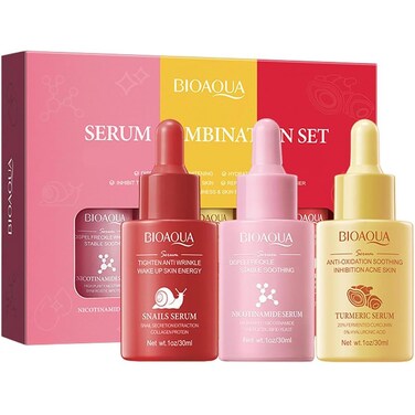BIOAQUA 3in1 Facial Serum Combination Set Moisturizing Nicotinamide Turmeric Snail Secretion Anti-Oxidation Hydrate Anti-Wrinkle Tender Face Skin 3x 30ml / 1fl.oz