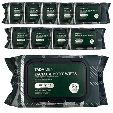 TADA Men - Face Wipes for Men &amp; Body Wipes for Adults No Rinse, Face Cleansing Wipes &amp; Body Cleansing Wipes for Adults Bulk Gym, Running, &amp;Outdoor Activities - Green tea &amp; Hyaluronic (10PK Green tea)