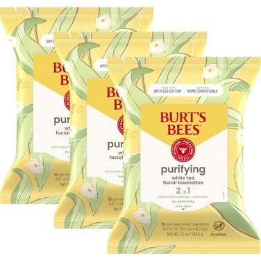 Burt's Bees Valentines Day Gifts, White Tea Face Wipes, for Sensitive Skin, Soothing Makeup Remover &amp; Facial Cleansing Towelettes, 30 Ct. (3-Pack)