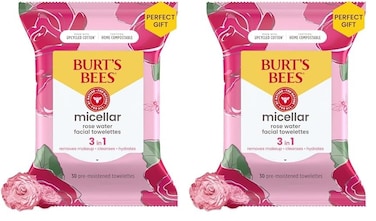 Burt's Bees Micellar Facial Towelettes With Rose Water, Pre-Moistened Towelettes for All Skin Types, 99.5 Percent Natural Origin Skin Care, 30 ct. Package (Pack of 2)