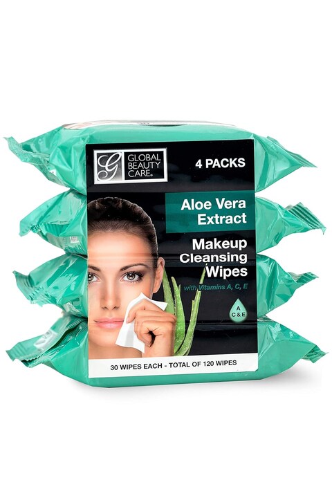 Global Beauty Care Aloe Vera Makeup Remover, Disposable Facial Towelettes, Ultra Soft, For All Skin Types, Moisturizing, Refreshing &amp; Skin Soothing Formula, Convenient, 120Ct. 4 Packs of 30 Wipes