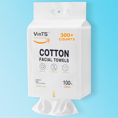 Cotton Facial Towel Disposable, VinTS 300 Counts Oversized Pack for Makeup Wipes Double-sided Design, Ultra Soft Cotton Facial Wipes for Skincare, Facial Cleansing and Makeup,1 Pack