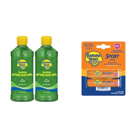 Banana Boat Soothing After Sun Gel with Aloe Twin Pack 16oz each &amp; Sport Ultra SPF 50 Lip Sunscreen Twin Pack Travel Size Sunscreen for Lips 2 Pack