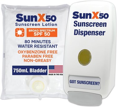 CoreTex Sun X 50+ 750mL Sunscreen Lotion Bladder &amp; Wall Mount Dispenser - Paraben, Oxybenzone, &amp; Octinoxate Free - Oil Free, Broad Spectrum (UVA/UVB) Sunscreen - Water &amp; Sweat Resistant Up to 80 Min.