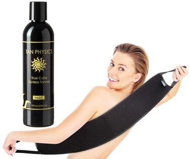 Tan Physics Sunless Tanner 8oz with Back Applicator &ndash; Self Tanning Lotion &ndash; Instant Tanning Lotion for Face &amp; Body &ndash; Natural Self Tanner for Streak-Free, Long-Lasting Glow