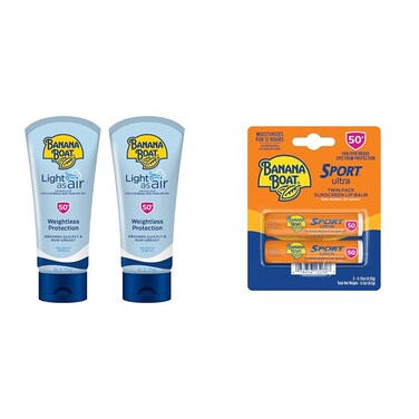 Banana Boat Light As Air Sunscreen Lotion SPF 50 Twin Pack   Lightweight Sunscreen &amp; Sport Ultra SPF 50 Lip Sunscreen Twin Pack   SPF Lip Balm Pack