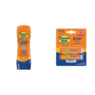 Banana Boat Sport Ultra SPF 30 Sunscreen Lotion, 8oz &amp; Sport Ultra SPF 50 Lip Sunscreen Twin Pack   SPF Lip Balm Pack, Banana Boat Lip Balm SPF 50, Oxybenzone Free Sunscreen