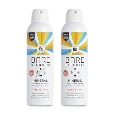 Bare Republic Mineral SPF 50 Sport Sunscreen Spray. Vanilla-Coco Sheer and Strong Water-Resistant Sunscreen Spray with SPF 50 (12 Ounces) 2 Pack.
