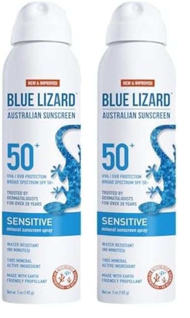 Blue Lizard Sensitive Mineral Sunscreen Spray SPF 50+, Dermatologist-Recommended Brand, Broad-Spectrum UVA/UVB Protection, Water-Resistant, Zinc Oxide Formula, 5 fl oz (Pack of 2)