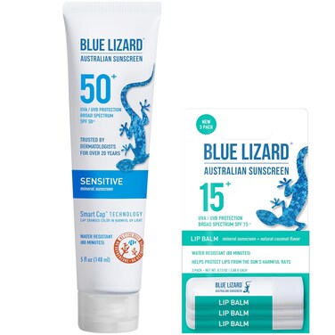 Bundle of BLUE LIZARD Sensitive Mineral Sunscreen with Zinc Oxide Sensitive, SPF 50 5 Fl Oz + 3-Pack Blue Lizard Mineral SPF 15 Lip Balm:Natural Coconut Flavor, Each Tube 0.13 oz.