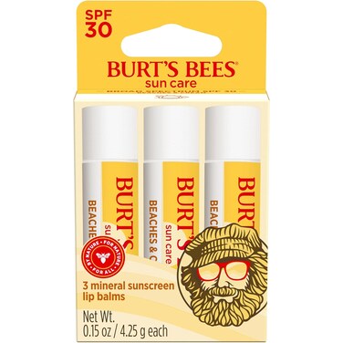 Burt&rsquo;s Bees SPF 30 Lip Balm, Beaches and Cream, Water-Resistant Sun Care, Nano-Free Zinc Oxide Formula, Natural Origin Conditioning Lip Treatment, 3 Tubes, 0.15 oz.