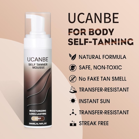 UCANBE Self Tanner Mousse - Sunless Self Tanning Foam, Fast Drying Fake Tan for Medium to Dark Skin Tone, Lightweight, Streak Free Golden Glow, 6.76Fl Oz - Deep