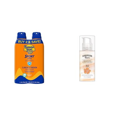 Banana Boat Sport Ultra SPF 30 Sunscreen Spray Twin Pack &amp; Hawaiian Tropic SPF 30 Face Sunscreen Travel Size