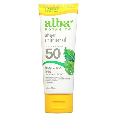 Alba Botanica Sunscreen for Face and Body, Sport Mineral Sunscreen Lotion, Broad Spectrum SPF 45, Water Resistant and Fragrance-Free, 4 fl. oz. Tube (Pack of 4)