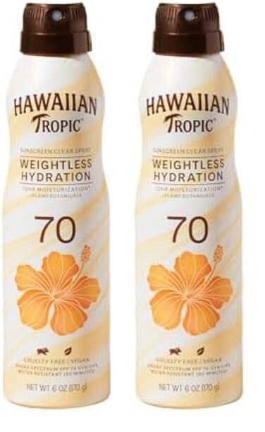 Hawaiian Tropic Weightless Hydration Clear Spray Sunscreen SPF 70, 6oz   Hawaiian Tropic Sunscreen SPF 70, Sunblock, Oxybenzone Free Sunscreen, Spray On Sunscreen, Body Sunscreen Spray, 6oz
