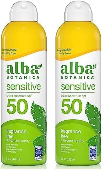 Alba Botanica Sensitive Sunscreen Spray for Face and Body, Fragrance-Free, Broad Spectrum SPF 50, Water Resistant, 5 fl. oz. Bottle (Pack of 2)