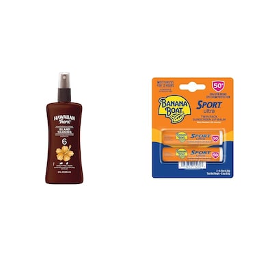 Hawaiian Tropic Island Tanning Oil Spray SPF 6 &amp; Banana Boat Sport Ultra Lip Balm SPF 50 Twin Pack