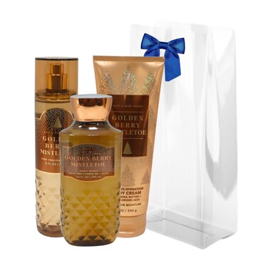 Bath &amp; Body Works GOLDEN BERRY MISTLETOE 3pc Gift Set with a Blue Bow for Holidays &amp; Gifts - Mist, Body Cream &amp; Body Wash - Full Size