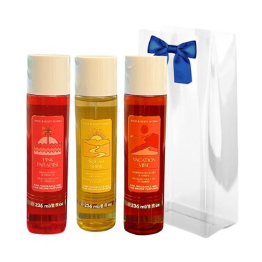 Bath &amp; Body Works PINK PARADISE, SOLAR SHINE, VACATION VIBE Fine Fragrance Mist 3-piece Gift Set with a Red Bow for Holidays &amp; Gifts 8 fl oz each - Summer Scents