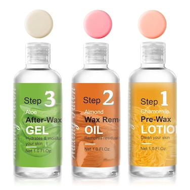 3 Bottles Hair Removal Waxing Care Kit for Women, Pre Wax Chamomile Cleanser, Almond Oil Wax Residue Remover, Post Wax Aloe Vera Soothing Gel, Before and After Waxing Care