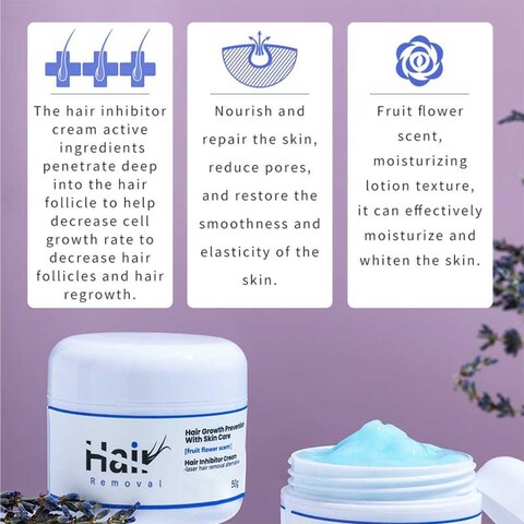 Facial Hair Inhibitor Cream, Hair Growth Inhibitor Permanent for Women Face, Apply Lavender Hair Stop Growth on Face, Bikini, Arm, Leg, After Hair Removal Depilatories Use 50g