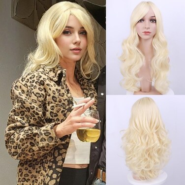 Long Wavy Blonde Wig for Women Light Blonde Wig wiht Bangs Synthetic Wig with Wig Cap(Light Blonde)