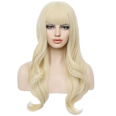 Long Blonde Wig for Women Light Blonde Wig with Bangs Long Wavy Curly Blonde Hair Wigs Synthetic Wig with Wig Cap(Light Blonde)