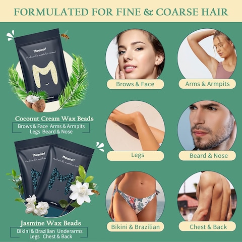 Maxpearl Hard Wax Beads, Pack of 3 Hair Removal Wax Beans Refill - Brazilian, Bikini Waxing, Face, Eyebrows, Underarms, Arms, Chest, Back, Legs - Coconut &amp; Jasmine Formula, 300g