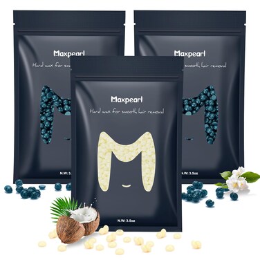 Maxpearl Hard Wax Beads, Pack of 3 Hair Removal Wax Beans Refill - Brazilian, Bikini Waxing, Face, Eyebrows, Underarms, Arms, Chest, Back, Legs - Coconut &amp; Jasmine Formula, 300g